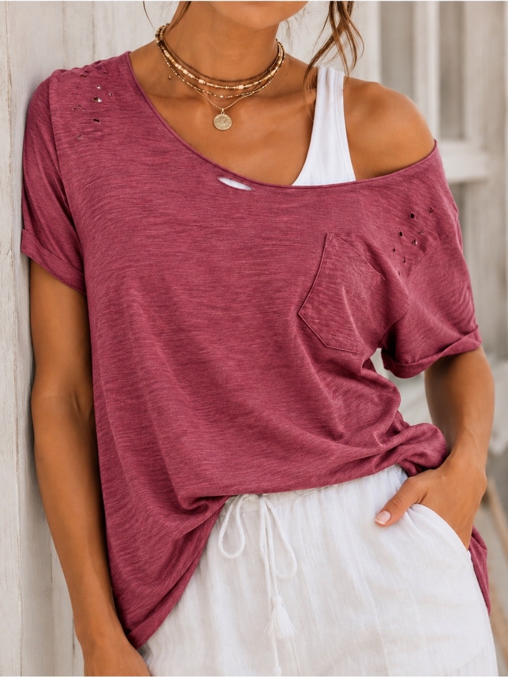 🌹 A Rare Bird Distressed Mineral Wash Cotton Pocket Tee S/M Boho NWT